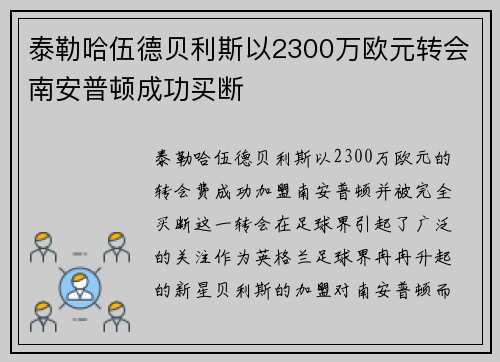 泰勒哈伍德贝利斯以2300万欧元转会南安普顿成功买断 泰勒哈伍德贝利斯以2300万欧元转会南安普顿成功买断