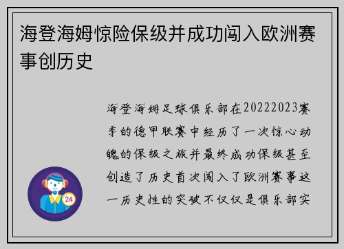 海登海姆惊险保级并成功闯入欧洲赛事创历史 海登海姆惊险保级并成功闯入欧洲赛事创历史